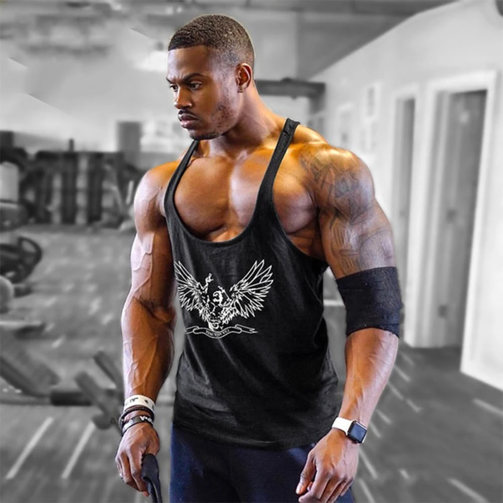 

High Discount Men's Fitness Gym Bodybuilding Print Tank Top Muscle Fit Sleeveless Vests training Stringer vest man