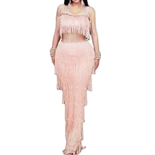 

Sparkly Rhinestone Backless Women Dress Stitching Mesh Crystal Tassel Floor-Length Dress Birthday Party Outfit Nightclub Costume