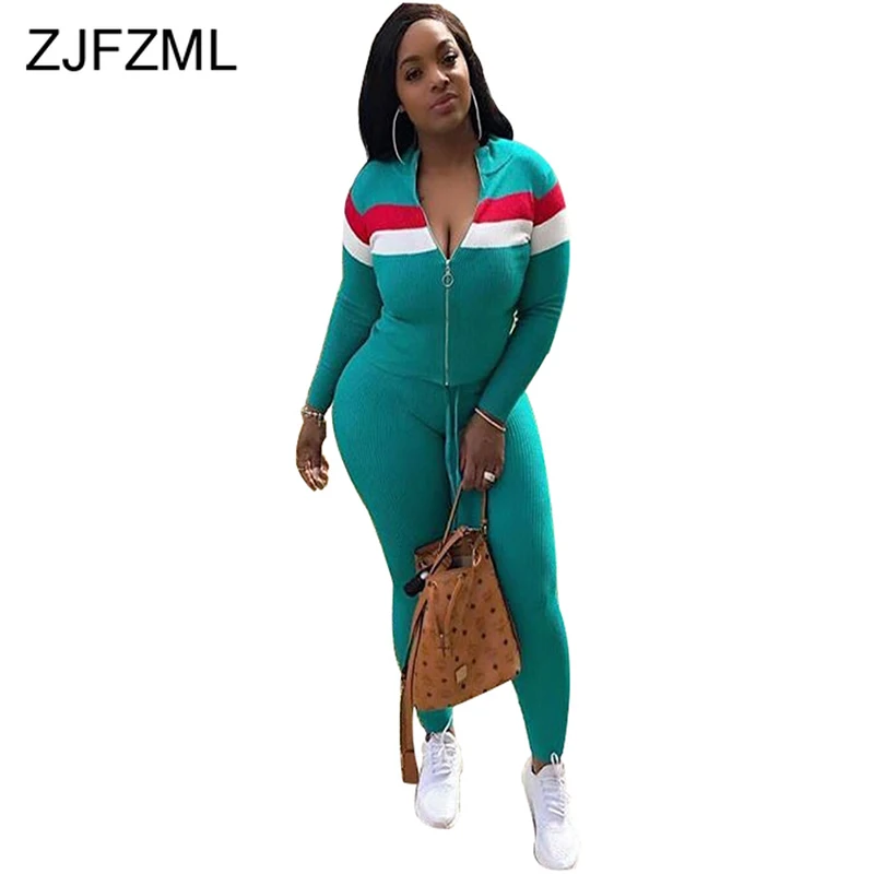 

Color Block Patchwork Two Piece Set Women Front Zipper Long Sleeve Jacket Top And Bodycon Pant Outfits Casual Sports Sweat Suit