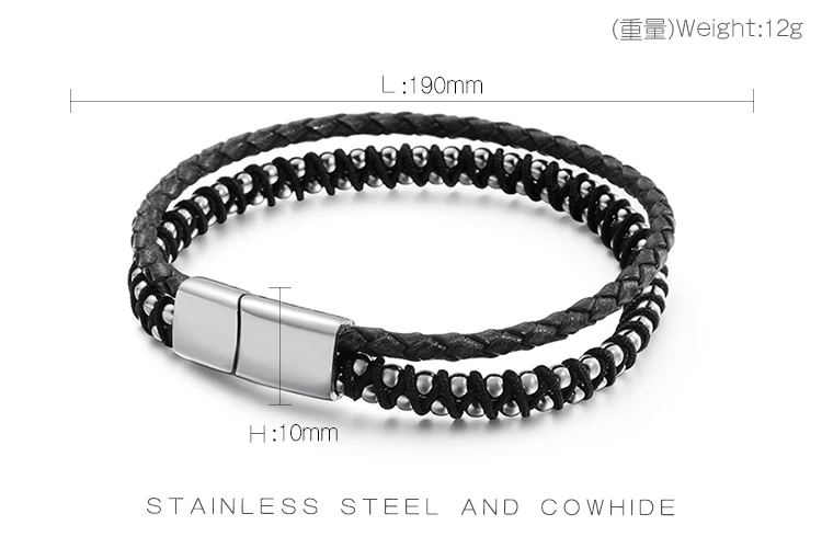Vintage Double Layer Leather Bracelet For Men Women 19cm Stainless Steel Rose Gold Silver Link Chain Bracelet Male Jewelry