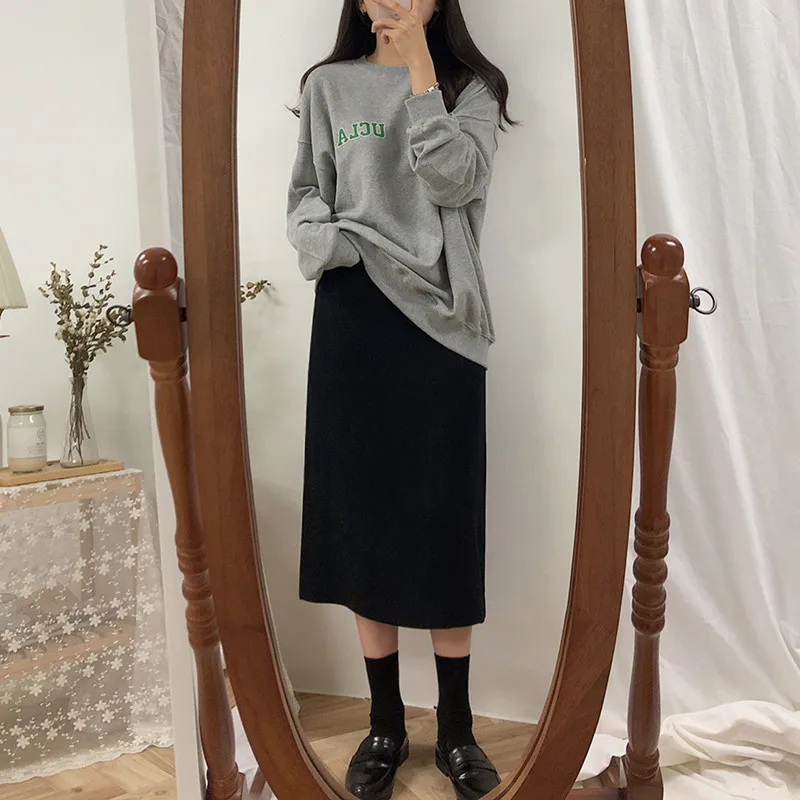 

S-XL Solid Black Brown Mid Calf Women Skirt Vintage autumn Straight Skirt Long Office Lady High Waist Girls skirts Femininas