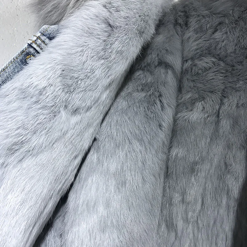 Джинсовая куртка с воротником из лисьего меха женское утепленное плотное зимнее пальто из хлопка куртки со съемным кроличьим мехом лайнер джинсовая парка пальто