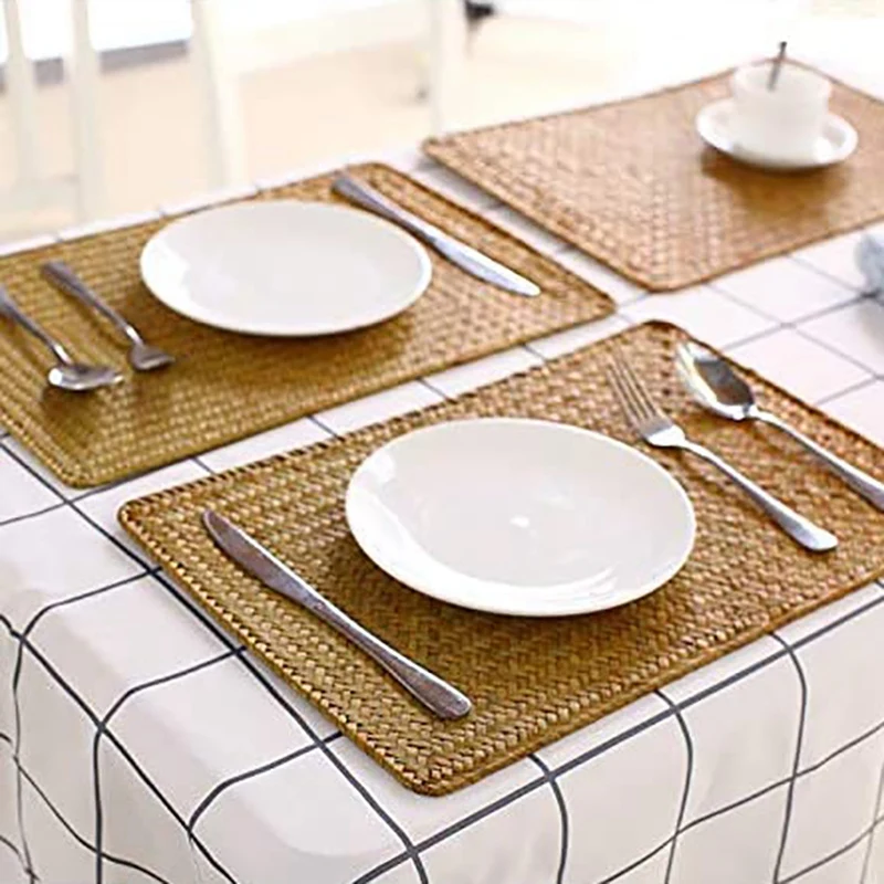 Natural Seagrass Place Mat, Placemats Retangulares Rattan, Tecido à Mão, 17, 7x2 Polegadas, Pacote de 3