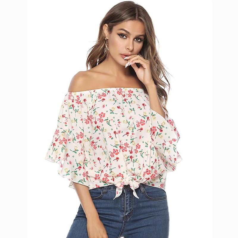 Blouse Women Fashion Sweet Flower Printed Women Blouses Sexy Off Shoulder Chiffon All-match Shirts Womens Tops And Blouses