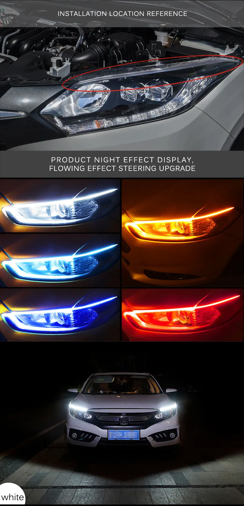 2019 new with steering two-color light guide tear lamp modified daytime driving lamp headlight silicone decorative strip 45 / 60