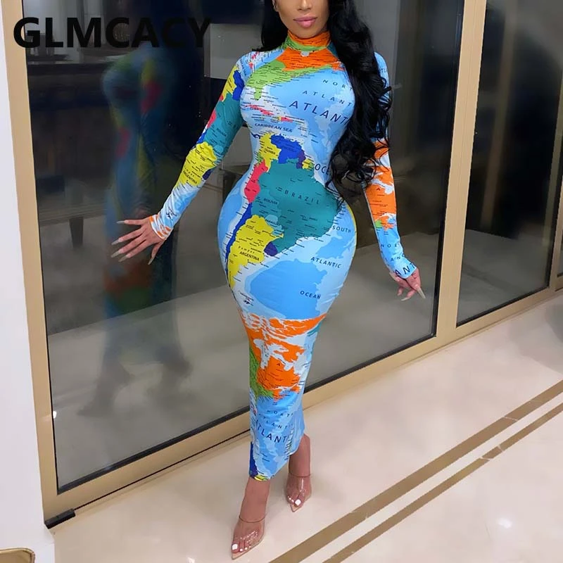 4 farben Frauen Karte Gedruckt Maxi Bleistift Kleid Elegante Party Club Lange  Kleider Robe - AliExpress Women's Clothing