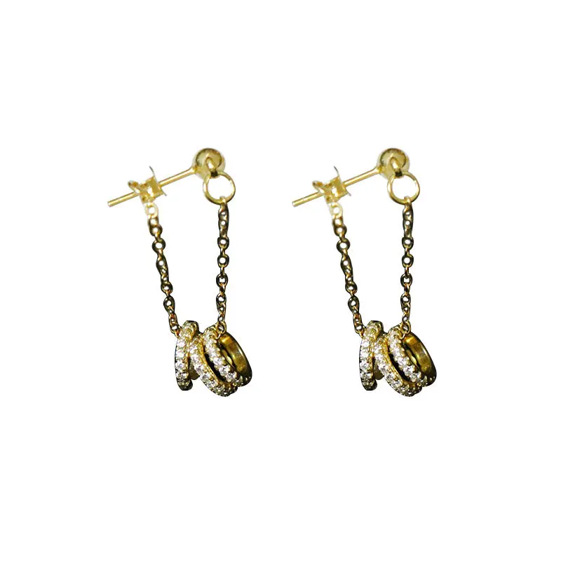 Серьги из стерлингового серебра 925 пробы, модные изысканные цирконы, 3 кольца, цепные длинные серьги, милая индивидуальность, женские серебряные серьги, ювелирные изделия