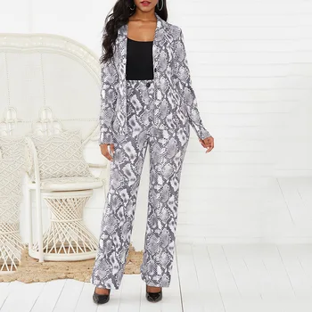 

Casual Business Women Suit Set Sexy Snake Skin Printed Long Sleeve Blazer Tops and Pants Set Autumn Winter Office Two Piece Set
