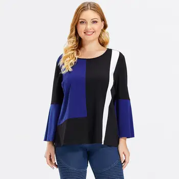 

2020 Women's Three-color Splicing Temperament Commuting T-shirt Female Spring Summer Long Sleeve Round Neck Casual Loose Top