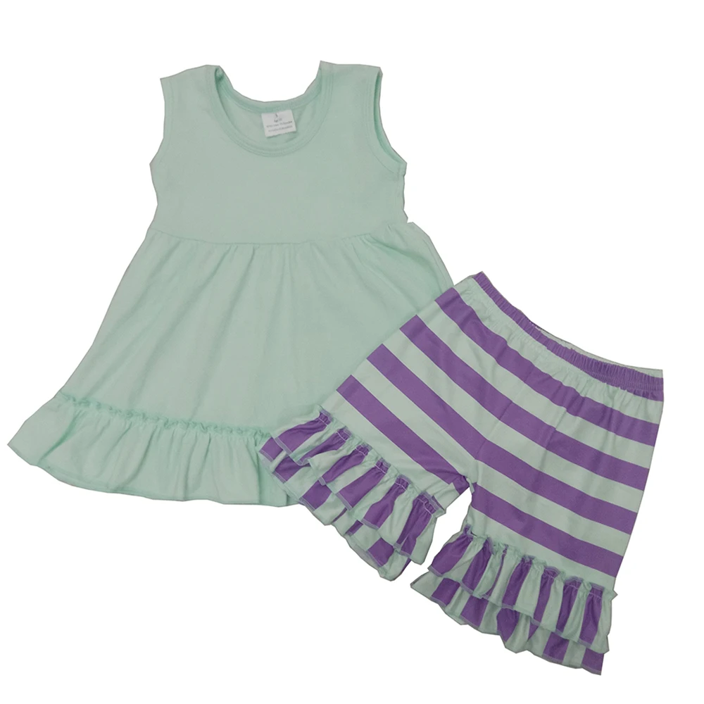 2020 RTS Blue Soild Color Beautiful Casual Dresses Sleeveless Ruffle Top White Stripes Shorts Popular Design New Style | Мать и ребенок