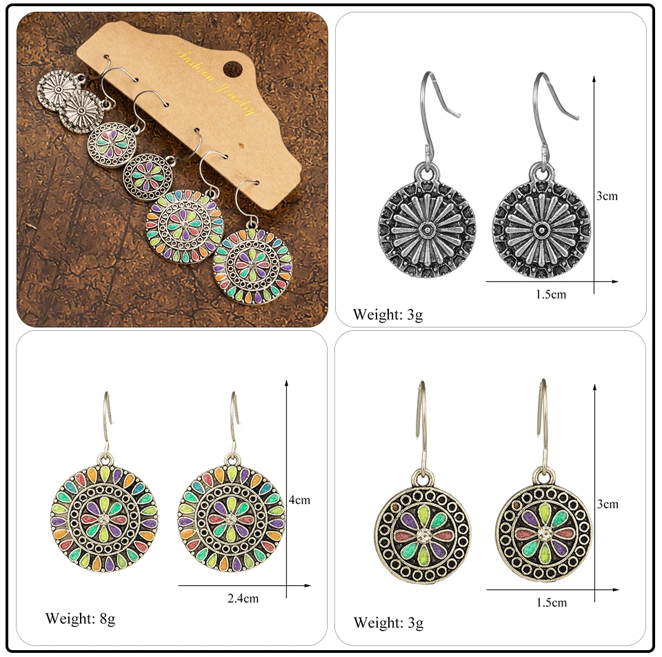 Bohemian Ethnic Vintage Big Round Earring Sets Jewelry for Women Acrylic Beads Pendant Silver Circle Flowers Earrings (4)