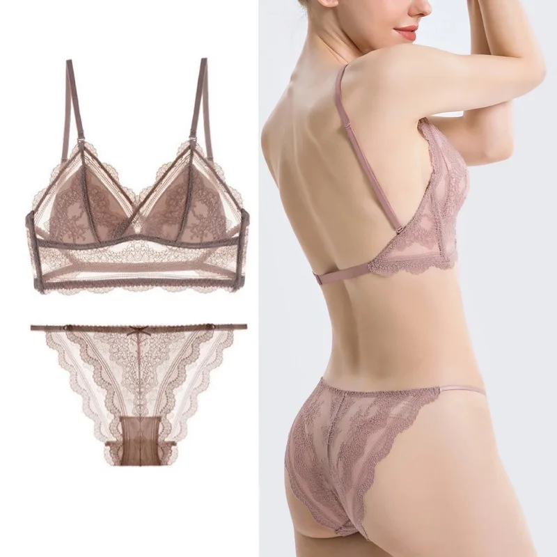 

Sexy Lace Bralette Set Triangle Cup Wireless Lingerie Sutia U Beauty Back Summer Thin Women Underwear Bikini Panties See Through
