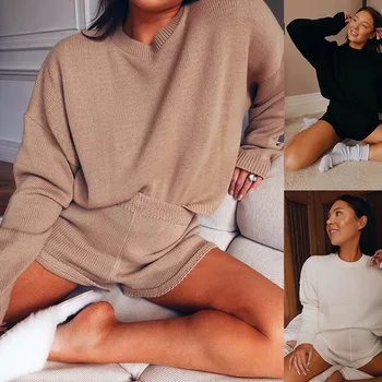 

Women Casual Clothing Sets Long Sleeve O Neck Loose Sweater Top + High Waist Shorts Lady Autumn Solid Knitted Loungewear Outfits
