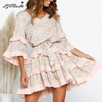 

LZEQuella Women Vintage Floral Pleated Cake Dress Summer Ruffles Princess Dresses V neck Mid Sleeve Short Mini Vestidos NZ1574