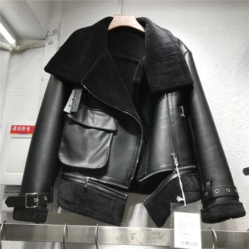 

Winter New Chic Zipper Stitching Hem Thicken Plus Soft Plush Faux PU Leather Jacket Women Korean Slim Big Pocket Short Outerwear