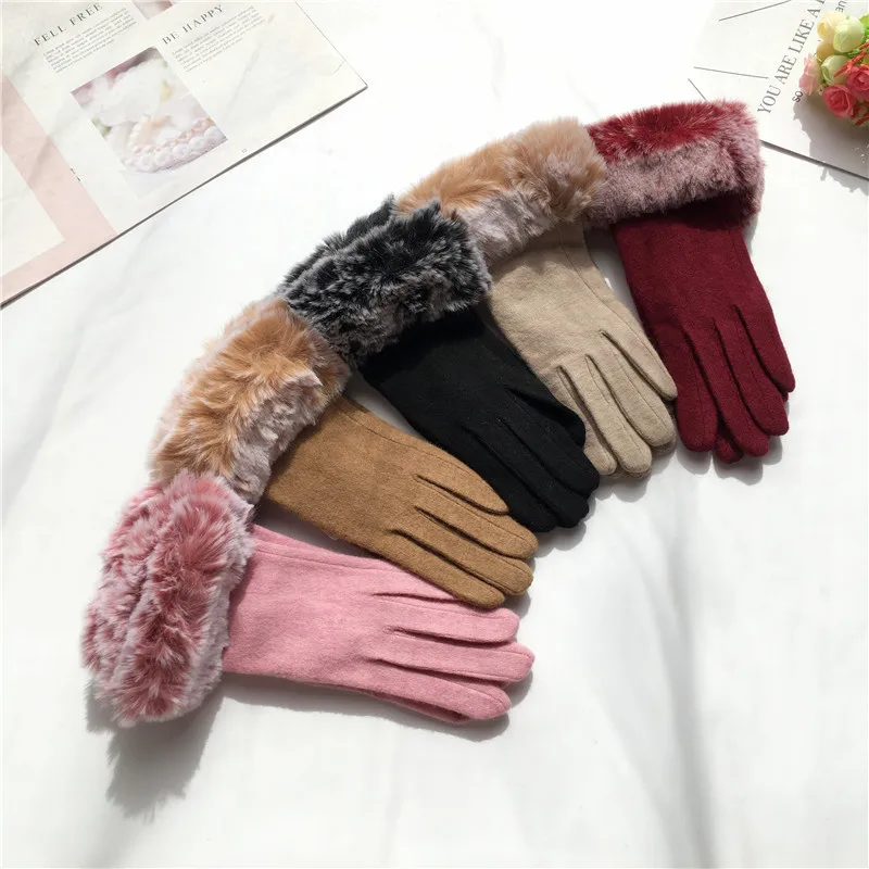 

Handschoenen Wool Ladies Gloves Korean Version of The Rex Rabbit Fur Mouth Wild and Thin Fashion Finger Touch Screen Gloves 2020