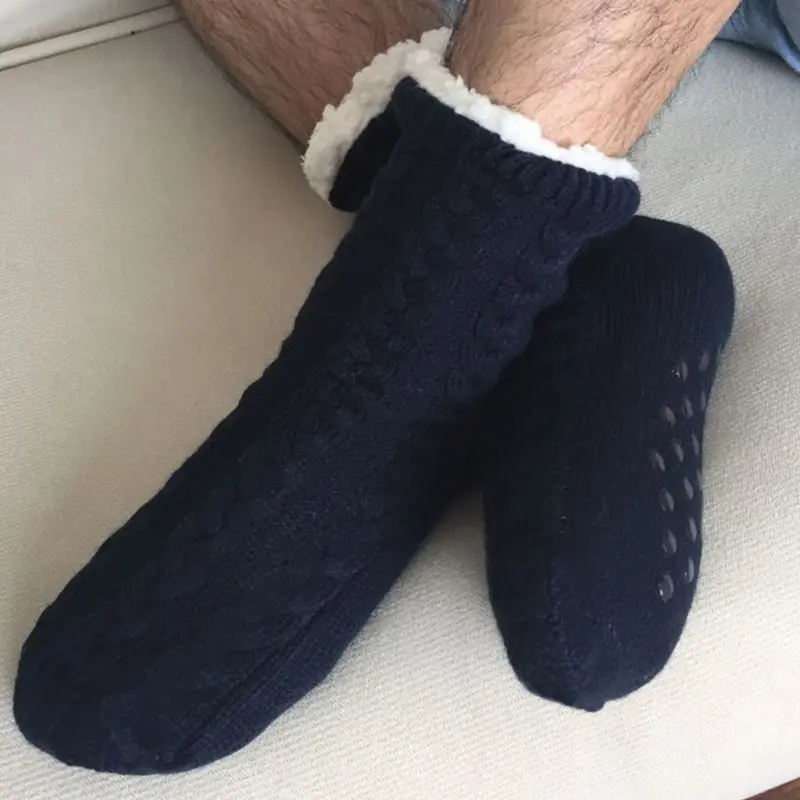 Мужские зимние теплые пушистые носки-тапочки, вязаные однотонные чулочно-носочные изделия с плюшевой подкладкой