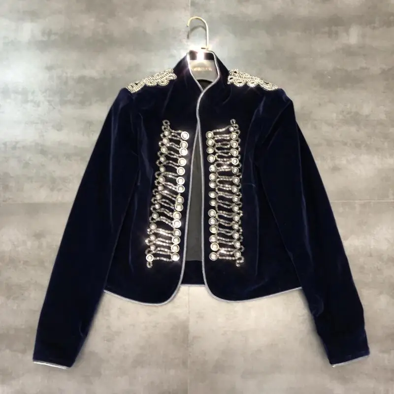 

2019 Autumn New Stand Collar Classic Ribs Embroidered Epaulettes Gold Velvet Jacket Women Short Coat Retro Outfits