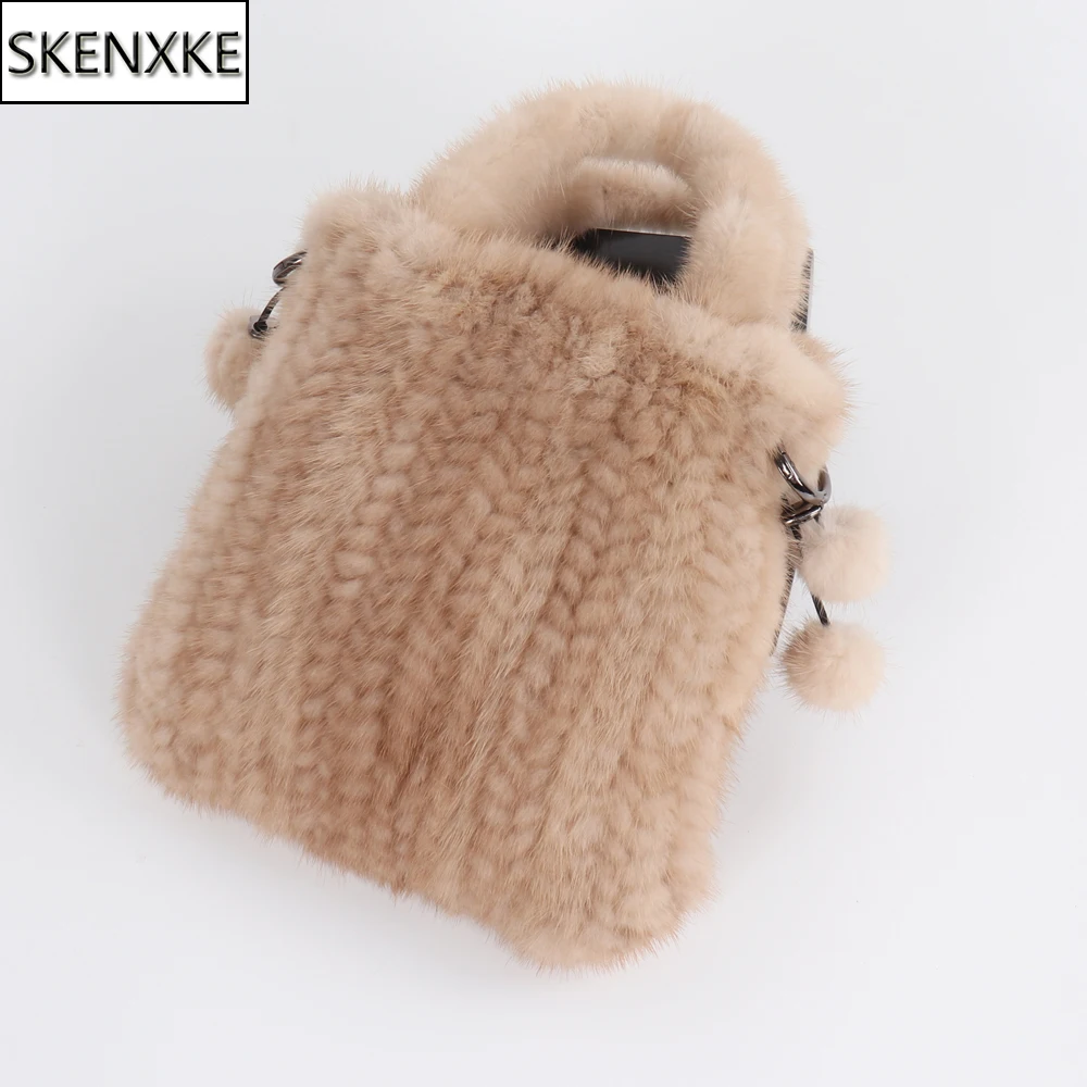 Mink Fur Bag Messenger Shoulder Bags Ladies Genuine Mink Fur Women Handbags Real Cross-body Bags Top-handle