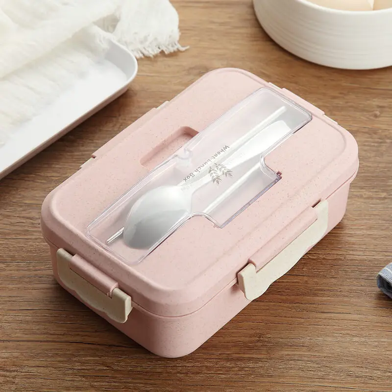 Microwave Lunch Box Wheat Straw Dinnerware Food Storage Container Children Kids School Office Portable Bento Box - Color: Pink