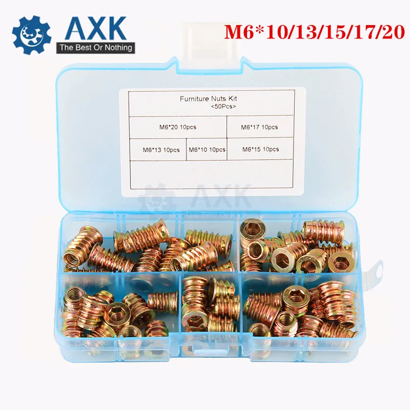 

50Pcs/set M6*10/13/15/17/20 Zinc Alloy Iron Inside And Outside Teeth Embedded Hex Nut Wood Furniture Nuts Assortment Kit DT