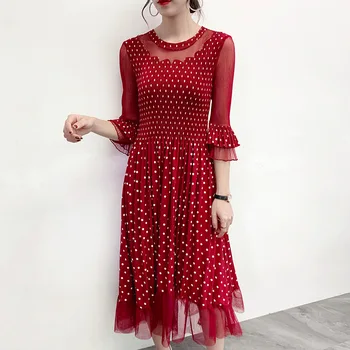 

Pleated Polka Dot Dress Spring 2020 New Temperament Red Dress