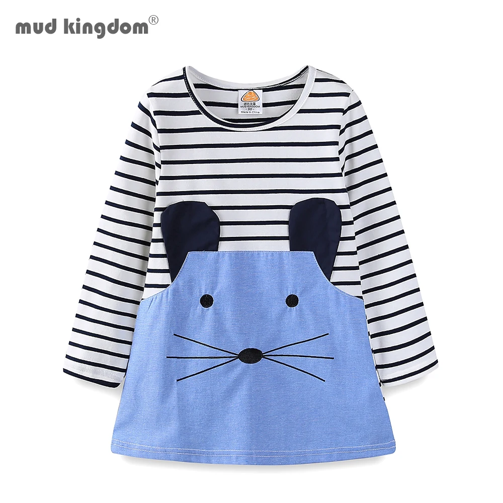 

Mudkingdom Little Girls Dress Cartoon Mouse Striped Long Sleeve Cute Kids Casual Clothes Autumn Girl Dress 2 to 7 Years