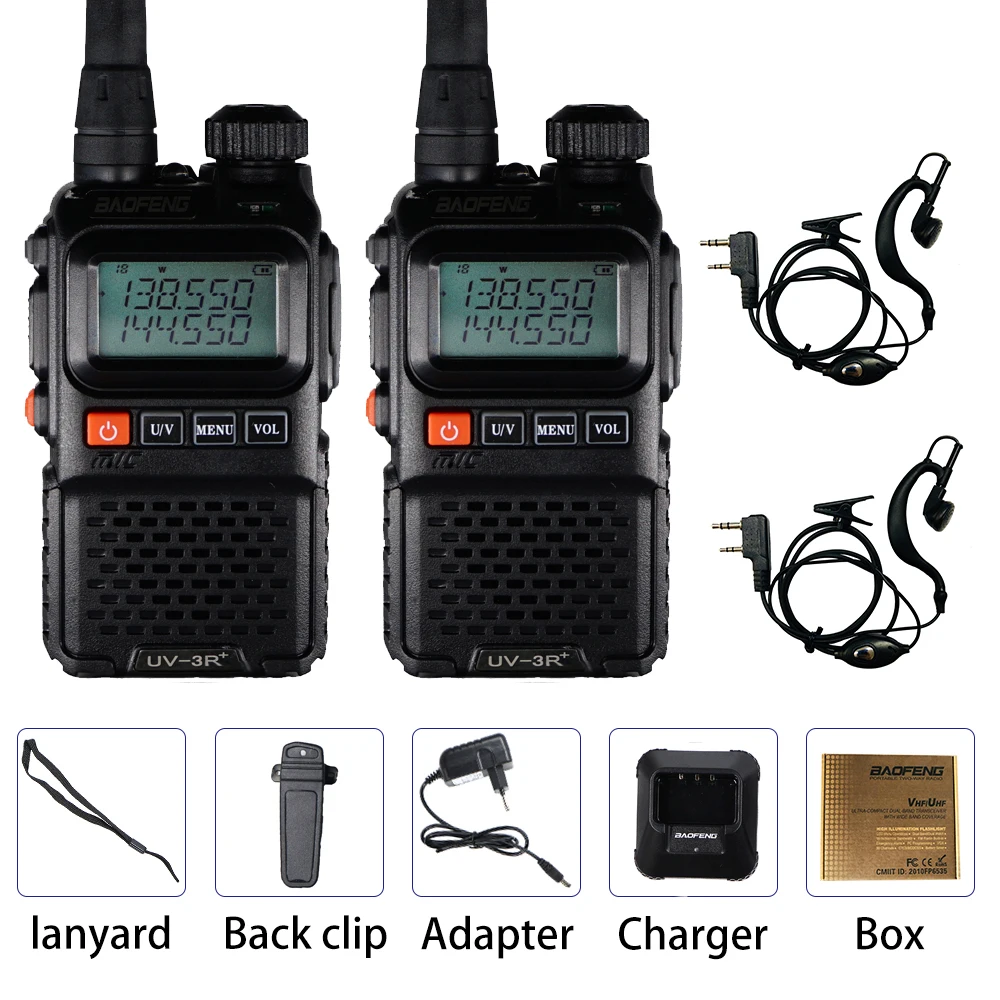 2PCS with box 2 шт BAOFENG UV-3R+ дальняя Беспроводная портативная рация 136-174/400-470 МГц двухдиапазонный аварийный fm-приемопередатчик UV 3R Plus - Цвет: 2PCS with box