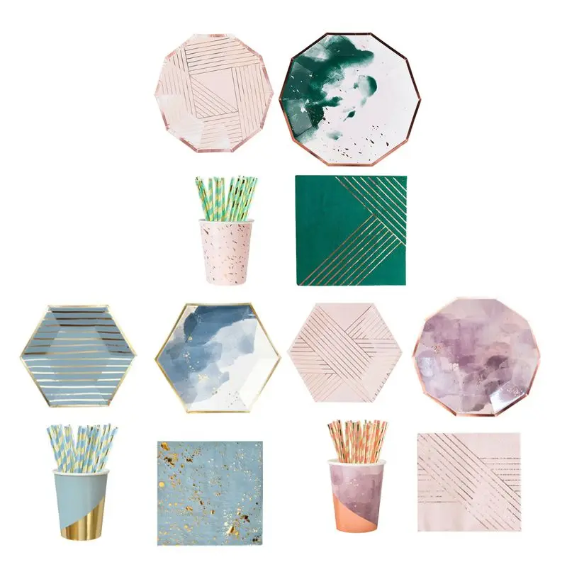 

65pcs Ink painting style hexagon Disposable Dinnerware Set Service for 8 Guest Holiday Christmas party
