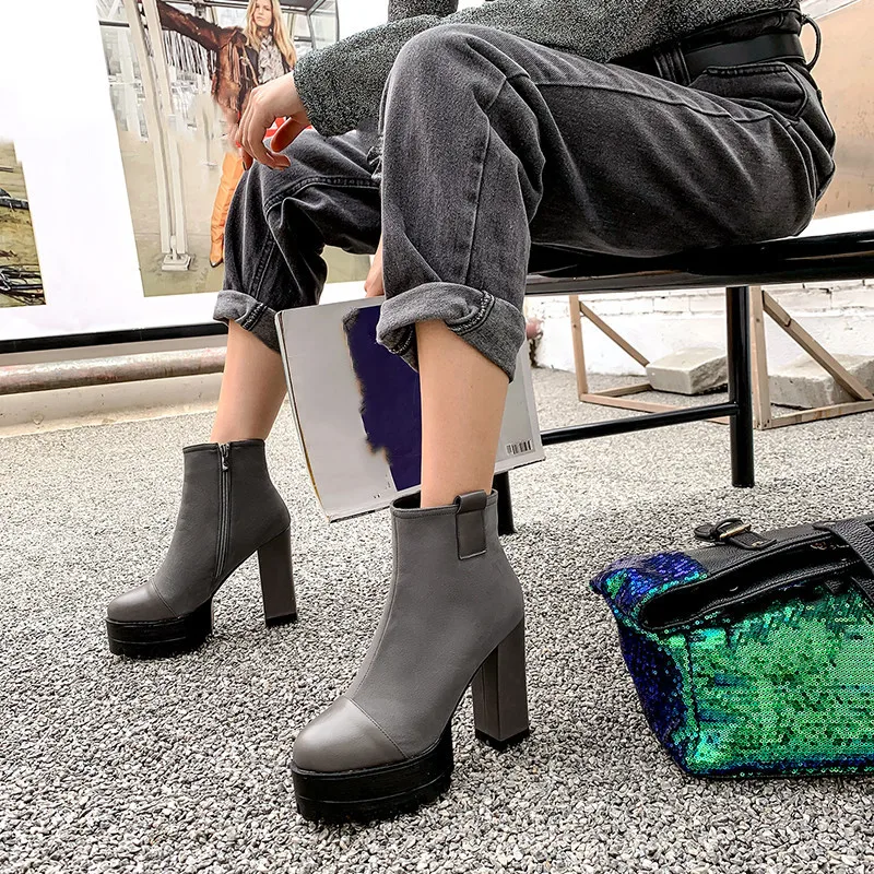 

2019 Autumn Winter Black Gray Suede Womens Gothic Shoes Platform Ladies Block Extra High Heels Ankle Boots Large Size