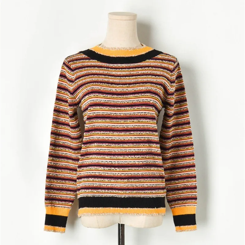 

Luxury Brand Designer Knitted Sweater for Women O Neck Gold Threads Contrast Stripes Knitted Sweater Pullover