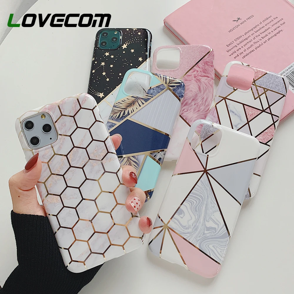 Gilded Line Geometric Marble Phone Case For iPhone 11 Pro Max XR X XS 7 8 6S Plus Soft IMD Full Body Back Cover | Мобильные телефоны