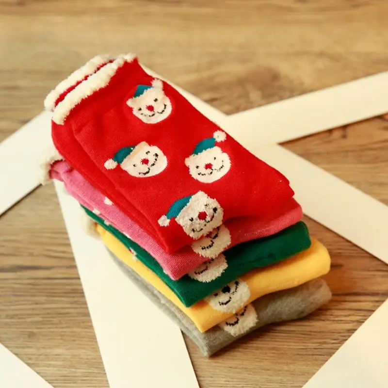 Новинка, 5 пар, женские рождественские носки с мультяшным принтом, толстая плюшевая манжета, чулочно-носочные изделия с принтом Санты