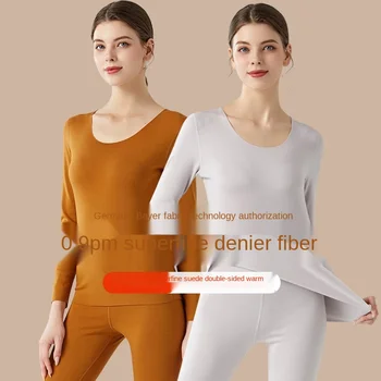 

Dralon Women's Thermal Underwear Suit Winter Ultra-Fine Denier Double-Sided Plush slim Heating Autumn Two-Piece Set Women