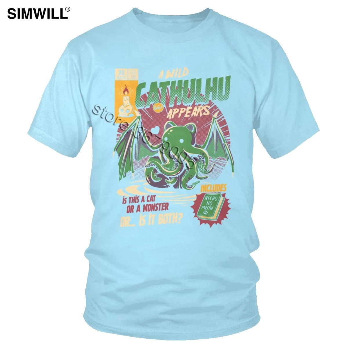 Забавная футболка с диким Cthulhu, летняя хлопковая Футболка с котом или монстром, футболка с короткими рукавами в стиле Харадзюку, Мужская футболка из фильма Kaiju loveccraft - Цвет: Небесно-голубой