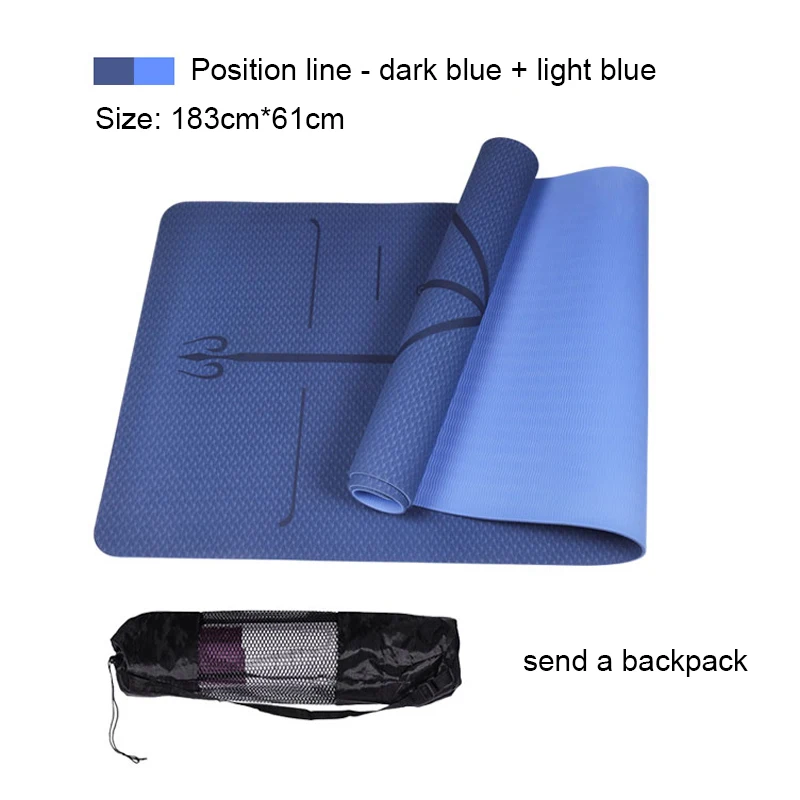 ТПЭ двухцветный Коврик для йоги с линией положения тела подходит для начинающих нескользящий и безвкусный коврик для фитнеса Пилатес 183 см* 61 см* 6 мм - Цвет: Темно-синий