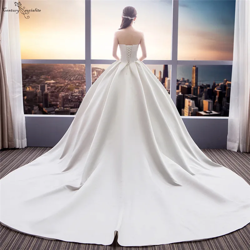 Vestido de Noiva атласные свадебные платья ТРАПЕЦИЕВИДНОЕ платье без бретелек со шнуровкой на спине Часовня Поезд Eleagnt Простые Свадебные платья платье невесты