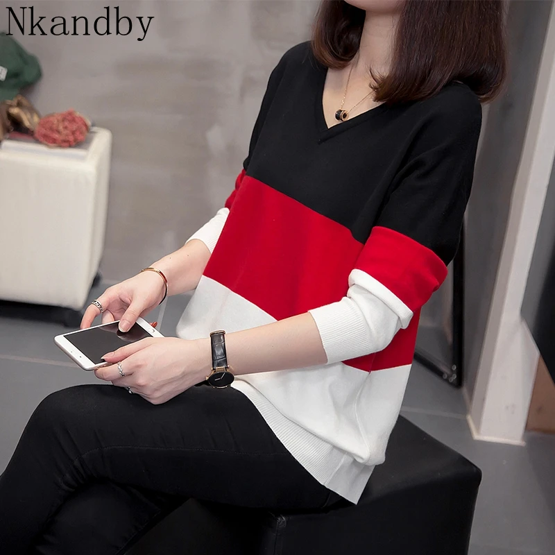 Plus Size Striped Korean Knitted Tops Sweaters Women Autumn Winter Fashion Loose V Neck Ladies Knitwear Oversized Jumpers