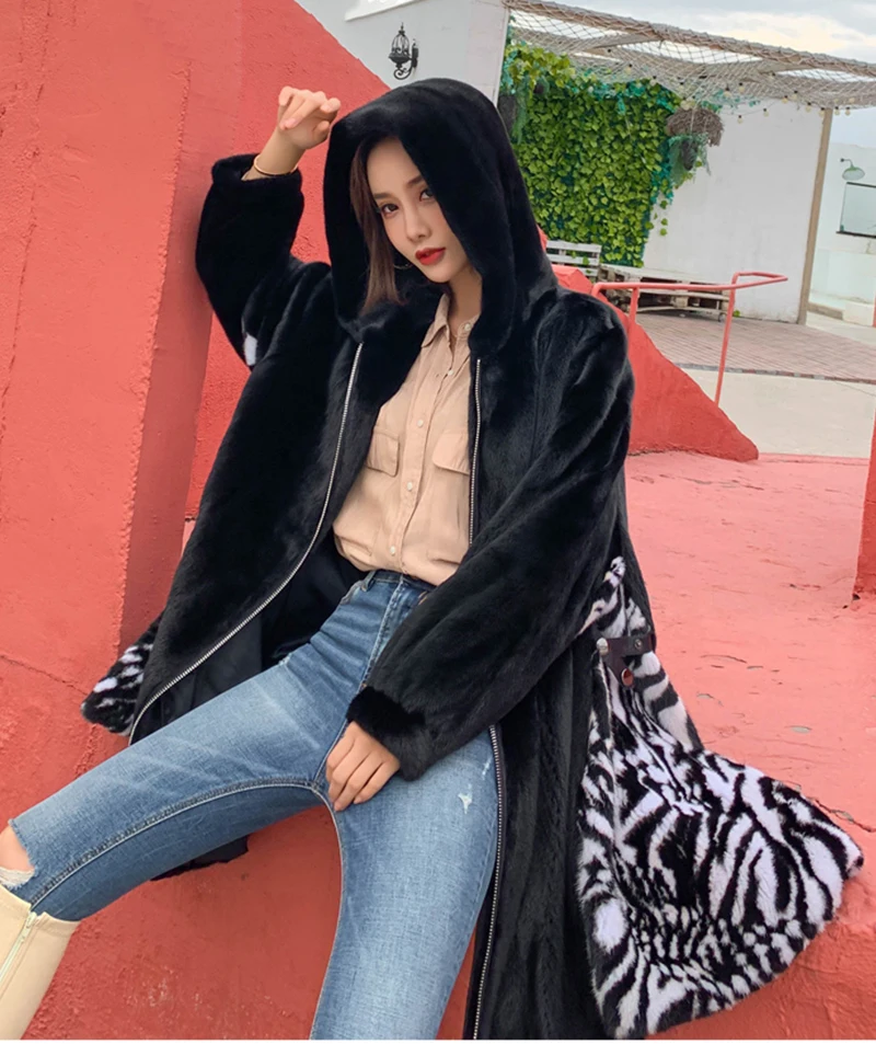 Ftangaiur Winter Import Velvet Mink Coat Embroidered With Fur Hood Loss Natural Fur Coat Women's Medium Real Mink Fur Coats