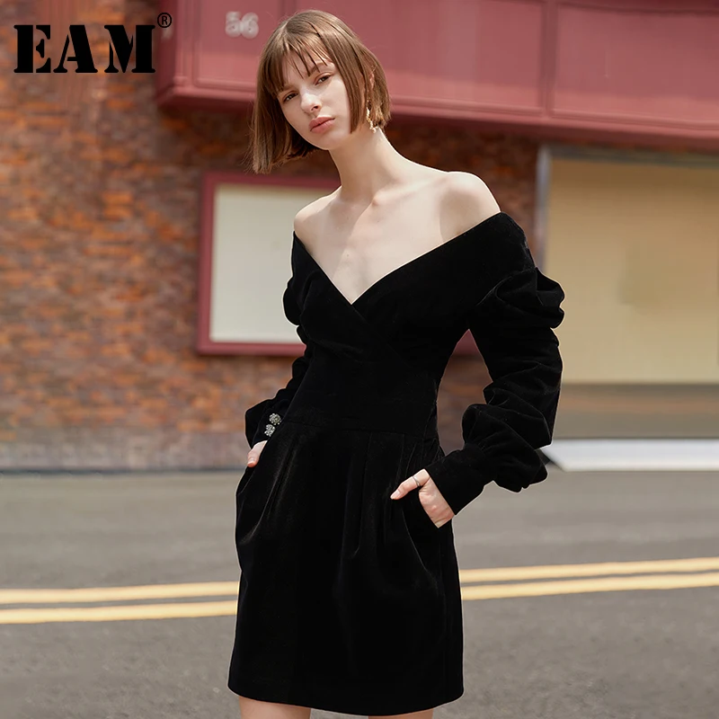 ^*Best Offers [Eam] Vrouwen Zwart Fluwelen Temperament Jurk Nieuwe V-hals Lange Lantaarn Mouwen Loose Fit Mode Tij Lente Herfst 2020 1D119