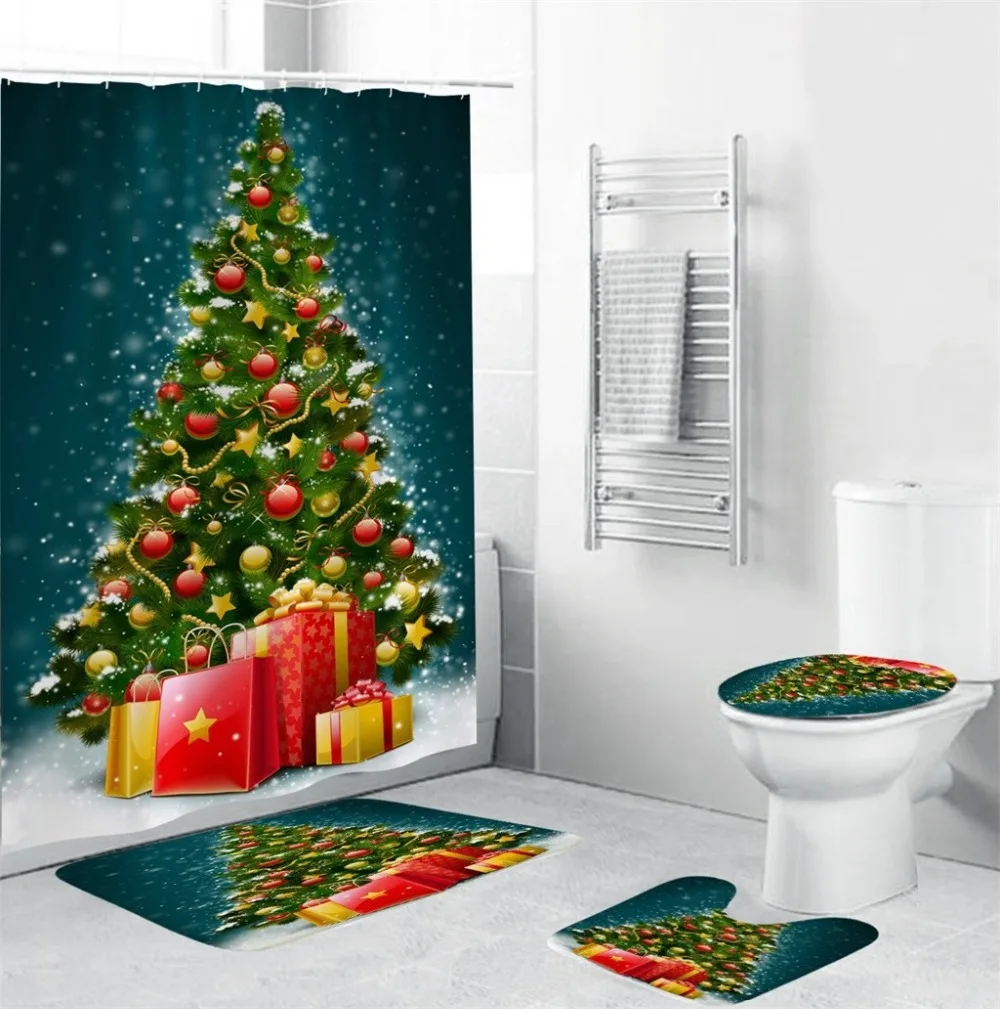 4 шт. Merry Christmas Противоскользящие коврики для ванной комплект Снеговик водонепроницаемый Душ шторы пьедестал ковры крышка туалет коврик для ванной A40