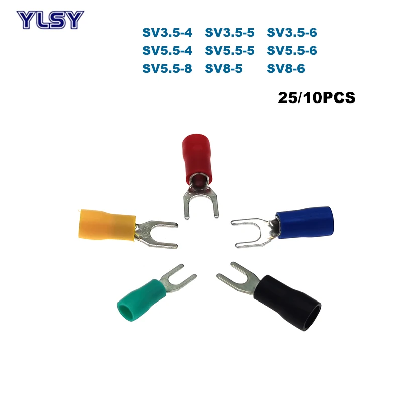 

25/10Pcs Spade Insulated Crimp Terminals Electric Lug Wire Cable Connector SV3.5 SV5.5 SV8 Furcate Ferrules 2.5-10mm2 14-8AWG