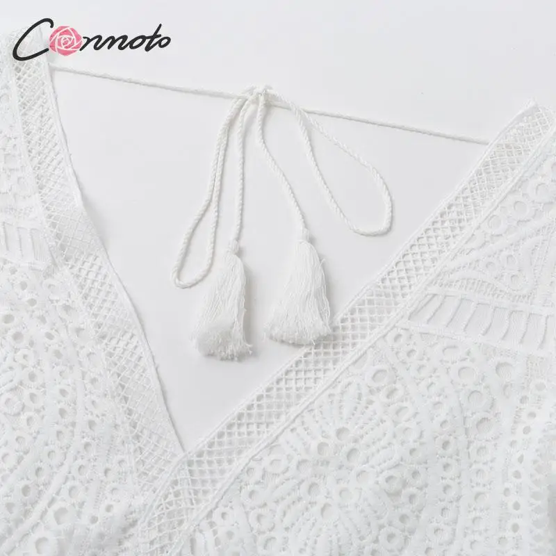 Conmoto, белое кружевное короткое платье с вышивкой, сексуальные женские вечерние мини-платья с глубоким v-образным вырезом, Элегантное зимнее платье с рукавами-фонариками