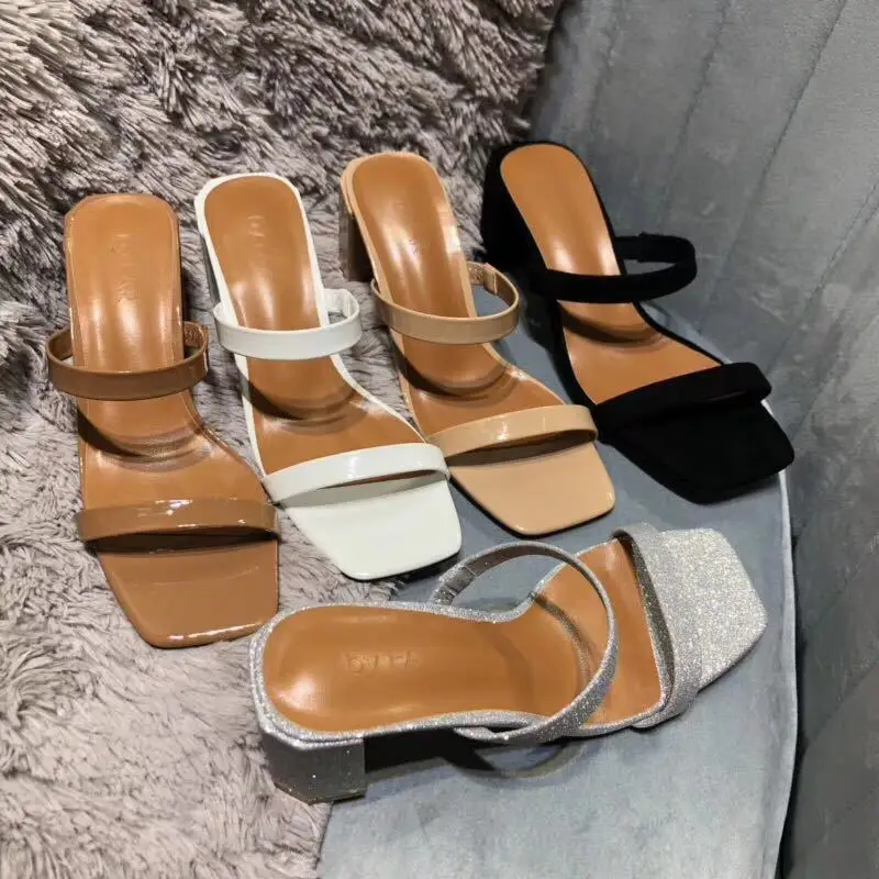 

INS Fire Red Chunky-Heel A- line with BY Retro Sandals Far19 Summer New Style Fairy-Style High-Heel Square Head Sandals Women's