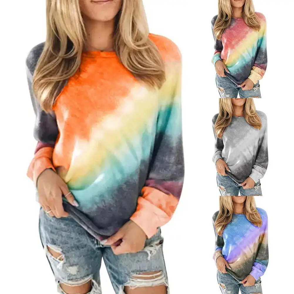 

Tie Dye O Neck Sweatshirts For Women Girls Casual Loose Long Sleeve Pullovers Tops Streetwear Female Plus Size Blouse