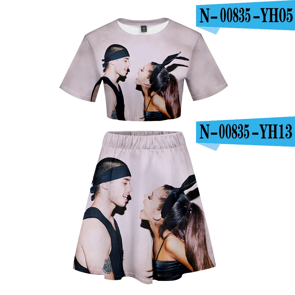Ariana Grande/костюм с 3D короткой юбкой, Лидер продаж, футболка с короткими рукавами и короткая юбка, костюм из двух предметов, Новые повседневные комплекты высокого качества - Цвет: Черный