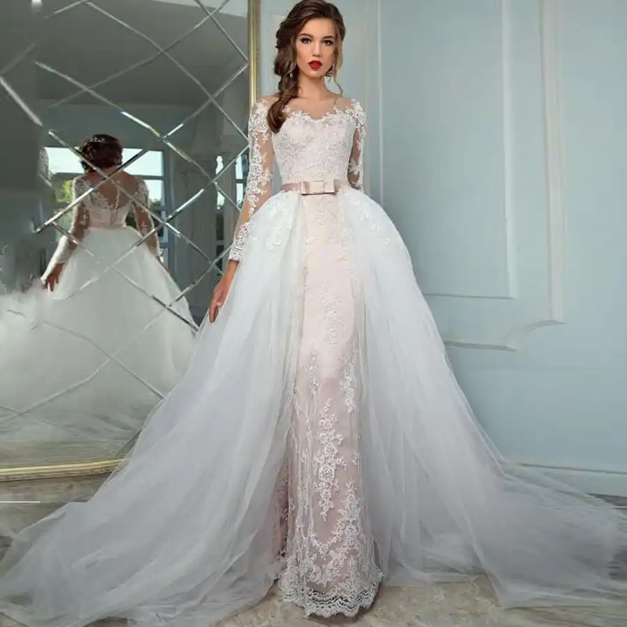 Tul Cuello Redondo 2 En 1 Sirena Vestido De Boda Con Apliques De Encaje Falda Desmontable Ilusion Espalda Arco Vestido De Novia Aliexpress