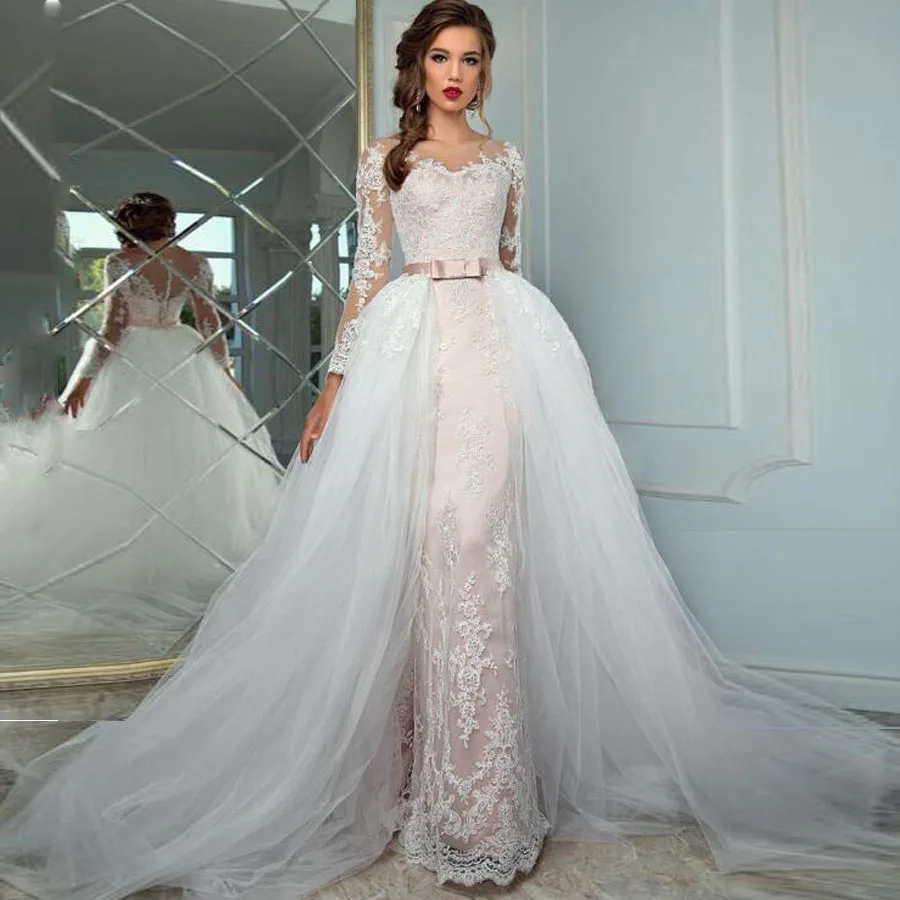 

Tulle Scoop Neckline 2 In 1 Mermaid Wedding Dress with Lace Appliques Detachable Skirt Illusion Back Bow Belt Bridal Dress