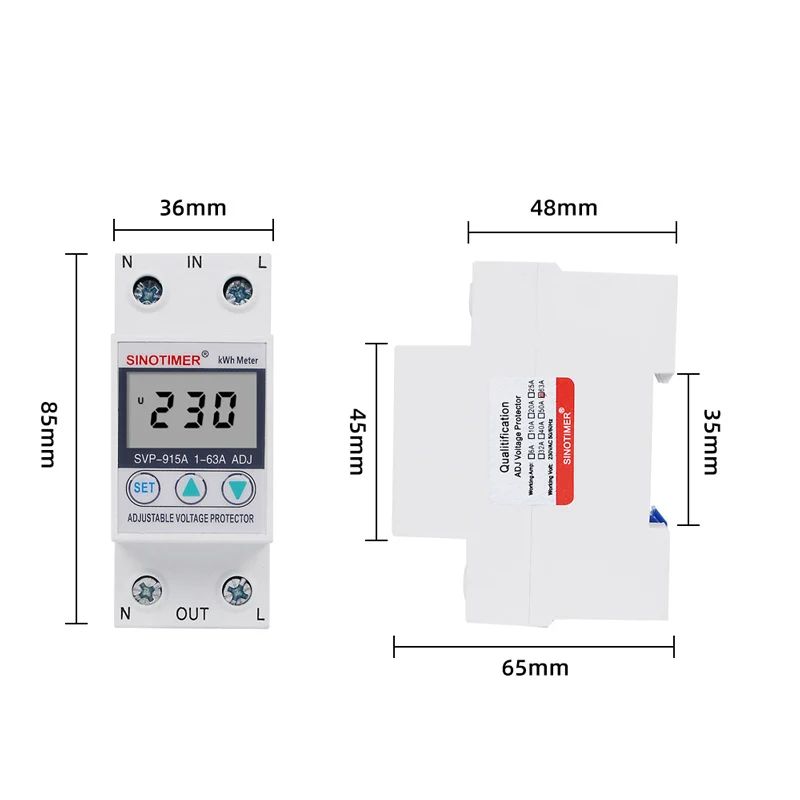 63A 220V din-рейка Регулируемый предохранитель напряжения Реле тока предельная защита с ваттметром кВт/ч счетчик энергии Потребляемая мощность