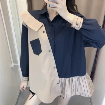 

2020 Spring Casual Women Shirts Joint Contrast Color Retro Elegant Shirt Spliced Patchwork V-Neck Full Shirts